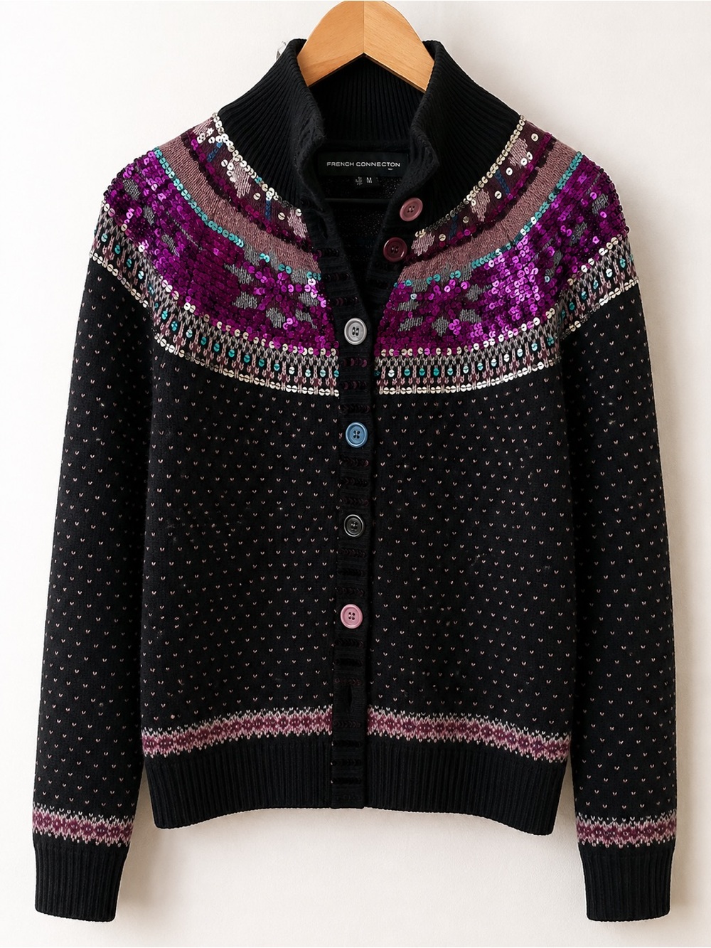French Connection Black Cardigan with Purple Sequin Yoke